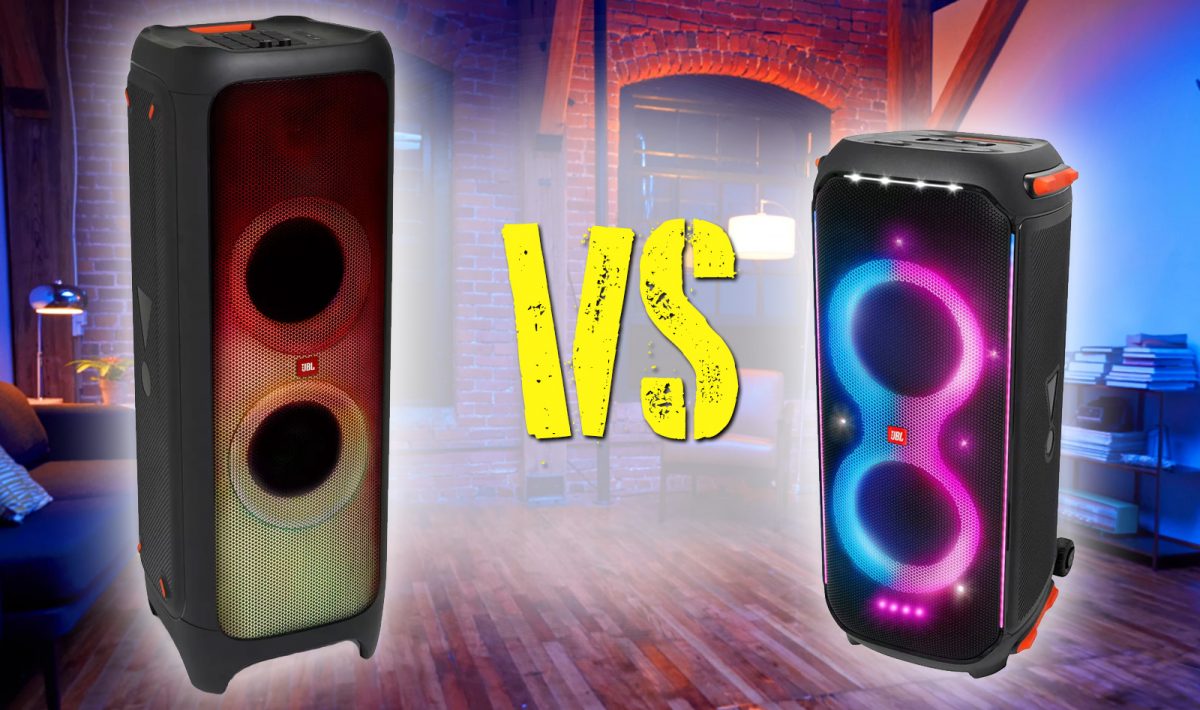 JBL Partybox 1000 vs Partybox 710 Header Image with both speakers in a room