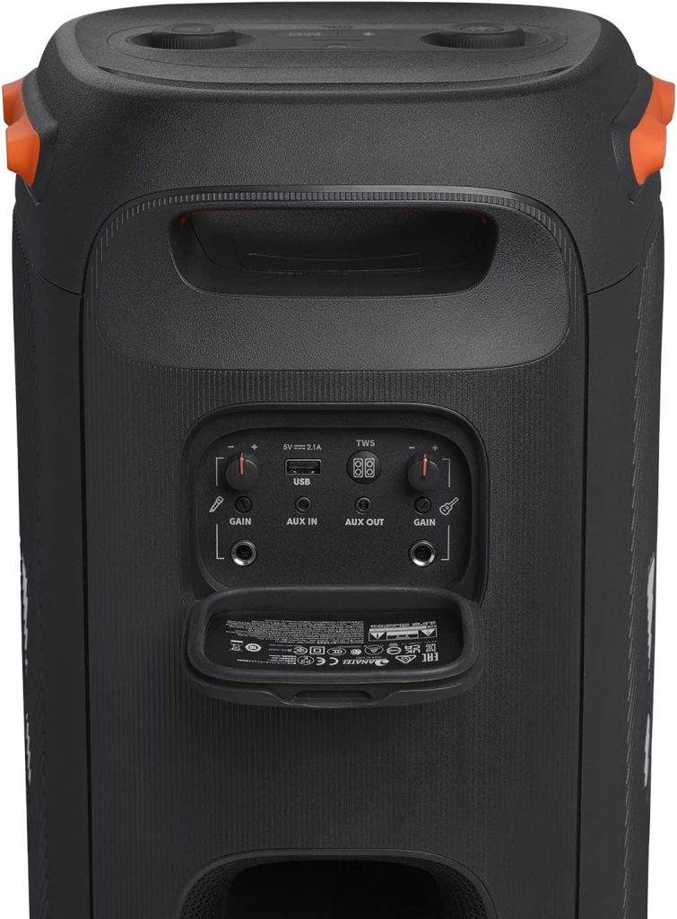 JBL Partybox 110 rear panel showing input connection options and controls